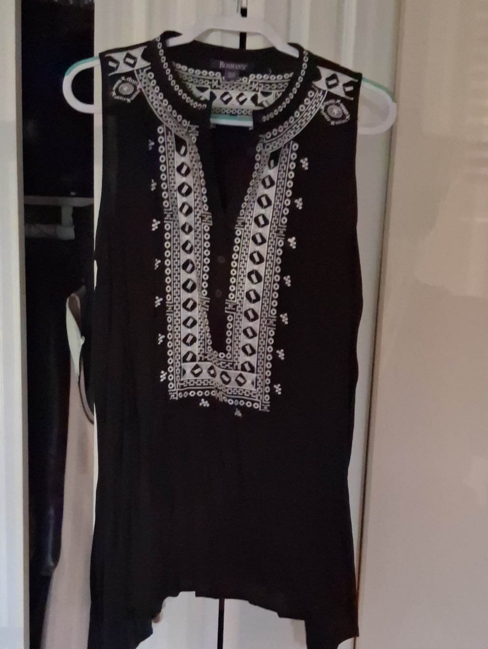 Roaman's Black Sleeveless Tunic with White Embroidered Placket